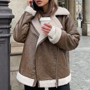 NEVER WORN NA-KD Sherpa & Faux Leather Aviator Jacket